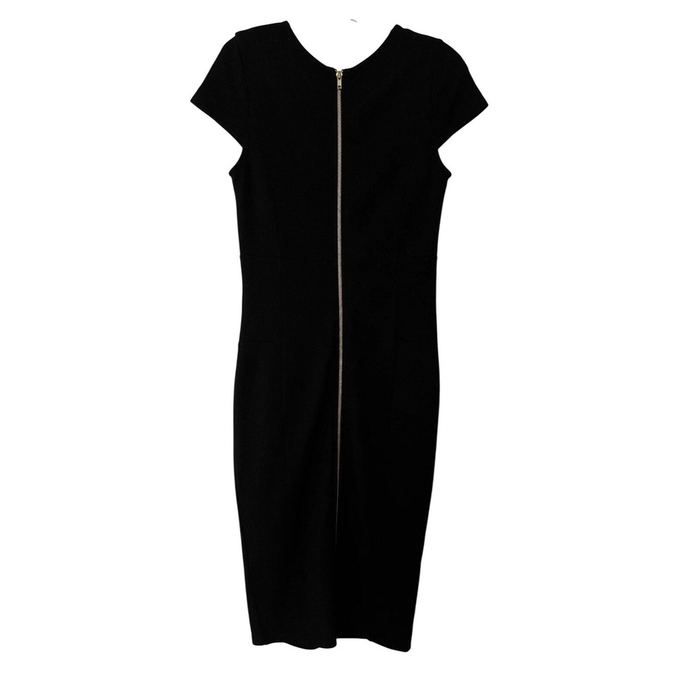 Women's Black Midi Body Con Capped Sleeved Zippered Dress Size Med Classy Sexy